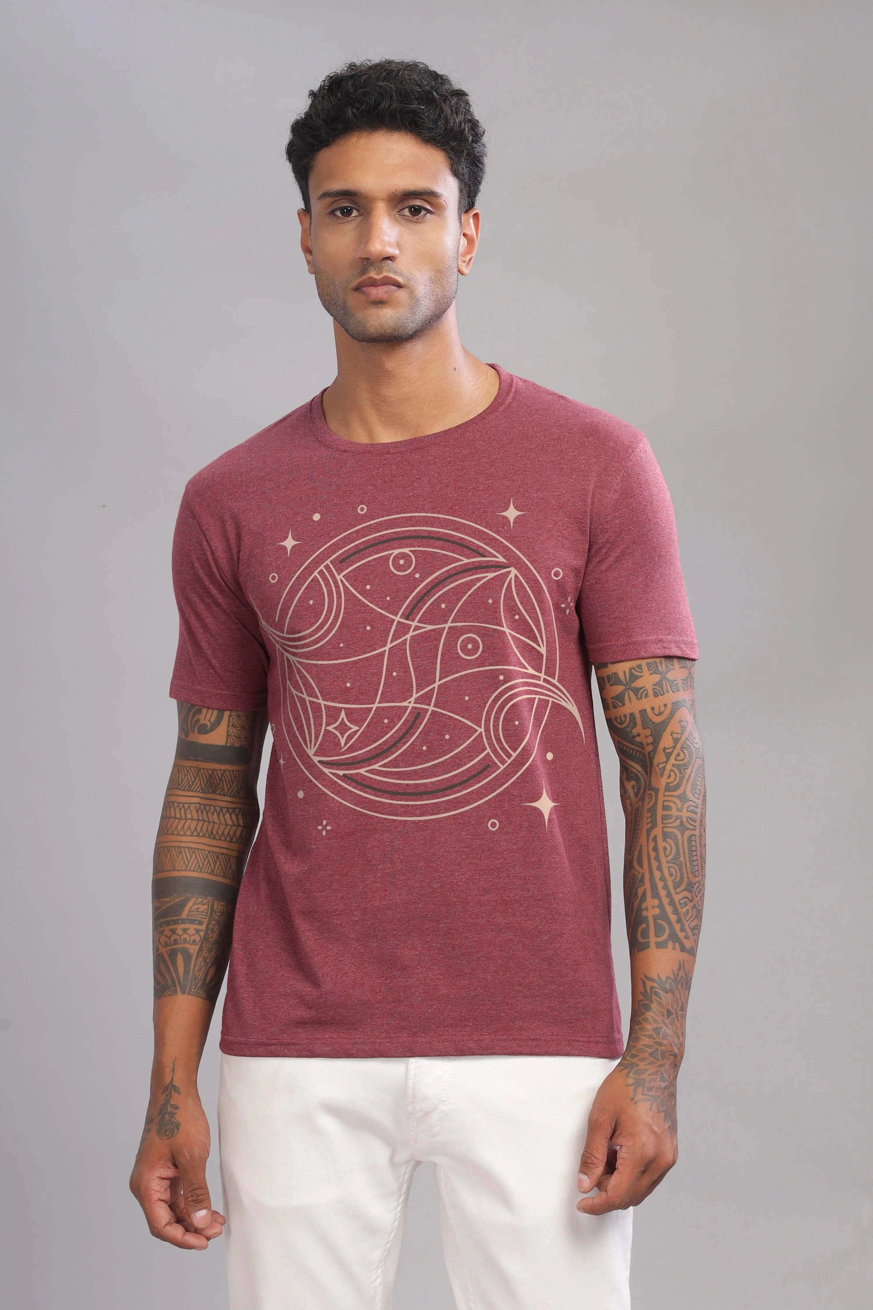 Peaceful Piscean Maroon Half Sleeve Printed Round Neck T-Shirt