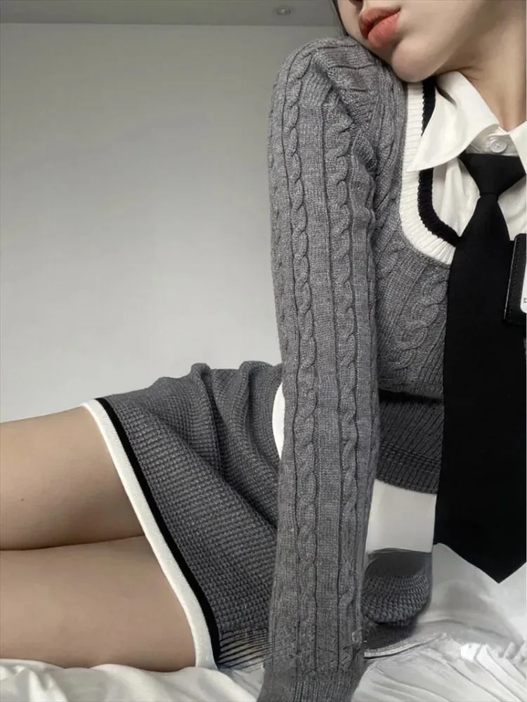 Purpdrank Fashion Knitted Suit Woman Y2k Crop Tops Sweater   Casual Shirt Slim Bodycon Mini Skirt Korean 3 Piece Set 2025 Autumn