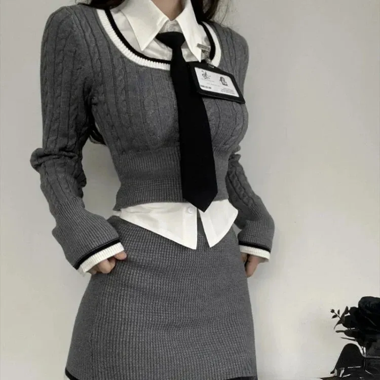 Purpdrank Fashion Knitted Suit Woman Y2k Crop Tops Sweater   Casual Shirt Slim Bodycon Mini Skirt Korean 3 Piece Set 2025 Autumn