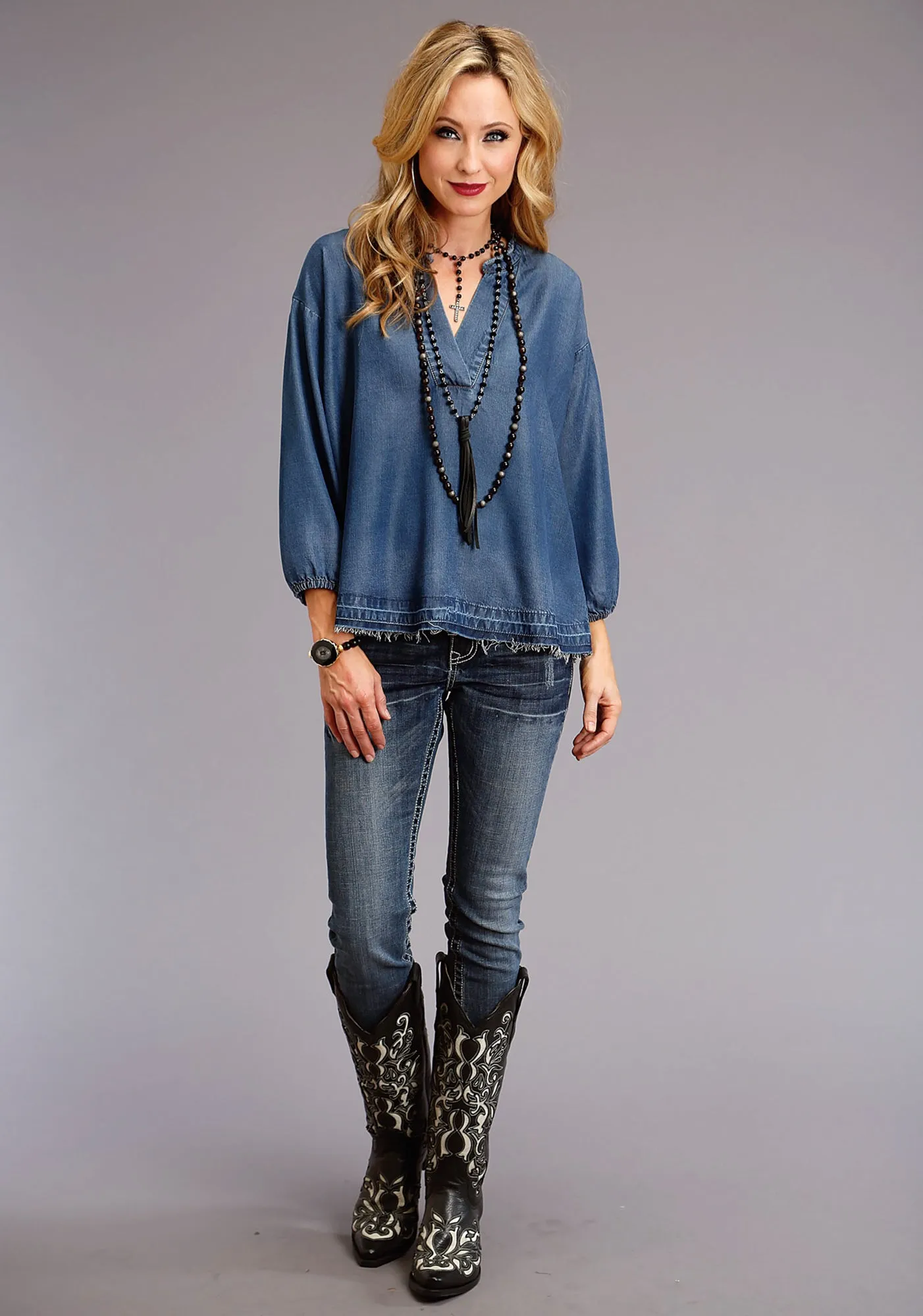 Stetson Womens Blue Denim Denim Pullover Peasant S/S Blouse