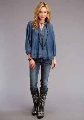 Stetson Womens Blue Denim Denim Pullover Peasant S/S Blouse