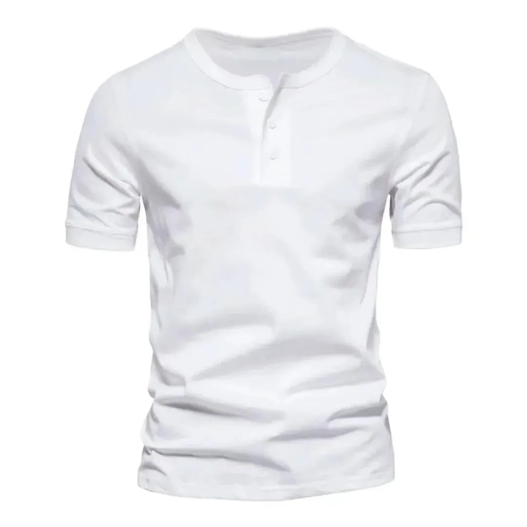 Summer Henley Collar T Shirt Men Casual Short Sleeve Solid Color Casual Mens Breathable Tops Tees Fashion Basic T-Shirt for Man
