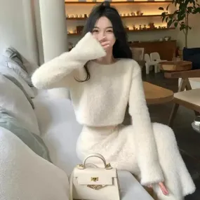 Vvsha  Imitation Mink Fur Knitted Sweater Skirt Sets Temperament Round Neck Short Pullover Crop Top High Waist Bodycon Suit