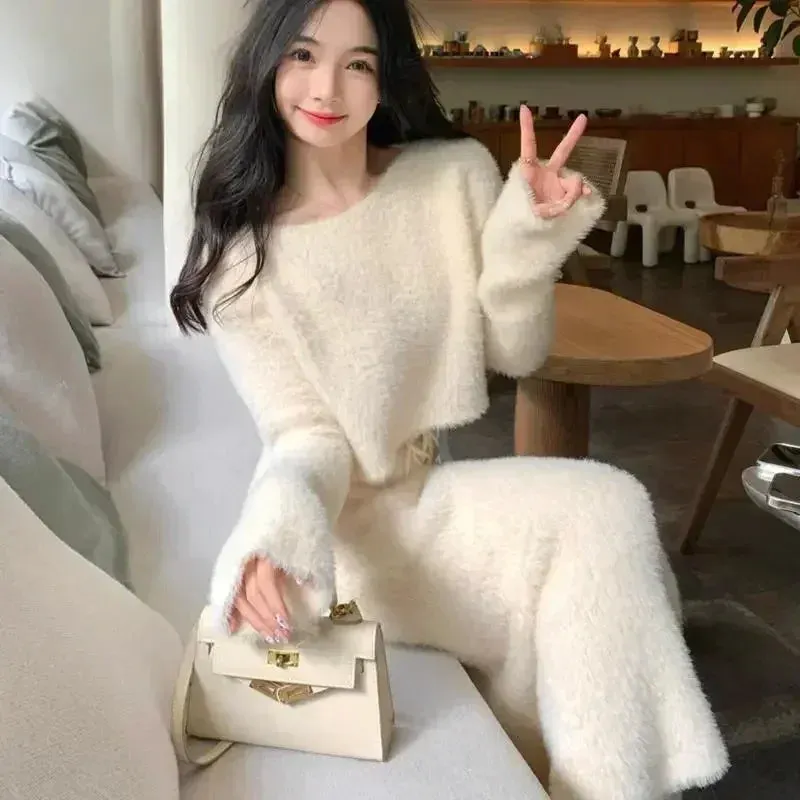 Vvsha  Imitation Mink Fur Knitted Sweater Skirt Sets Temperament Round Neck Short Pullover Crop Top High Waist Bodycon Suit