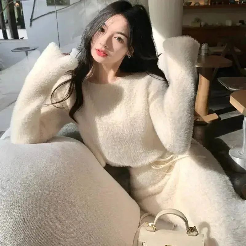 Vvsha  Imitation Mink Fur Knitted Sweater Skirt Sets Temperament Round Neck Short Pullover Crop Top High Waist Bodycon Suit