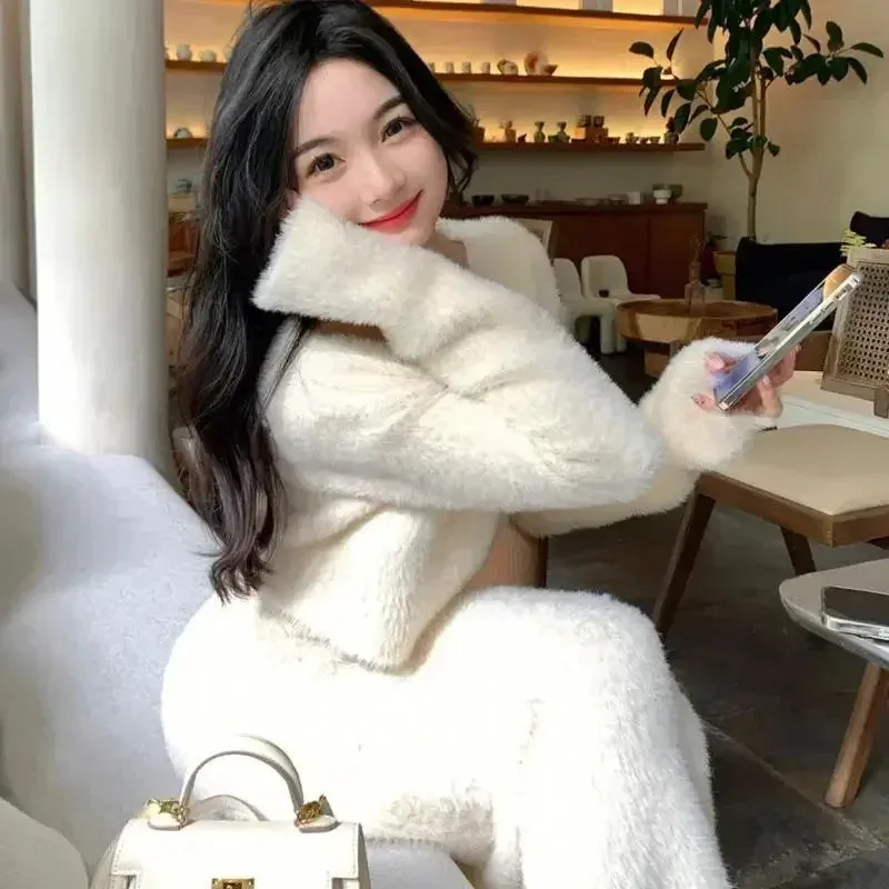 Vvsha  Imitation Mink Fur Knitted Sweater Skirt Sets Temperament Round Neck Short Pullover Crop Top High Waist Bodycon Suit