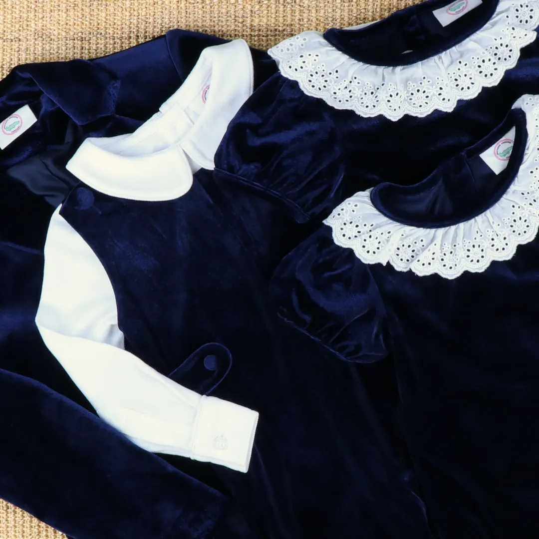 White Eyelet Ruffle Navy Blue Velvet Dress