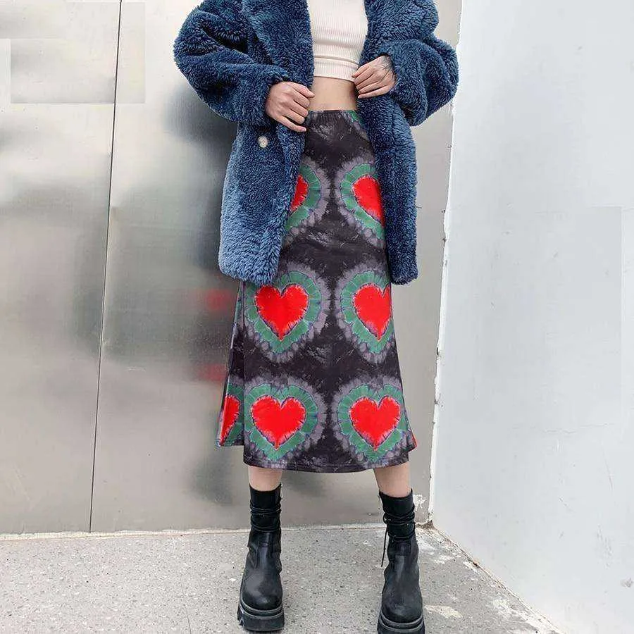Women's Heart Print Loose Low Waist Package Hip Mid-Calf Skirts