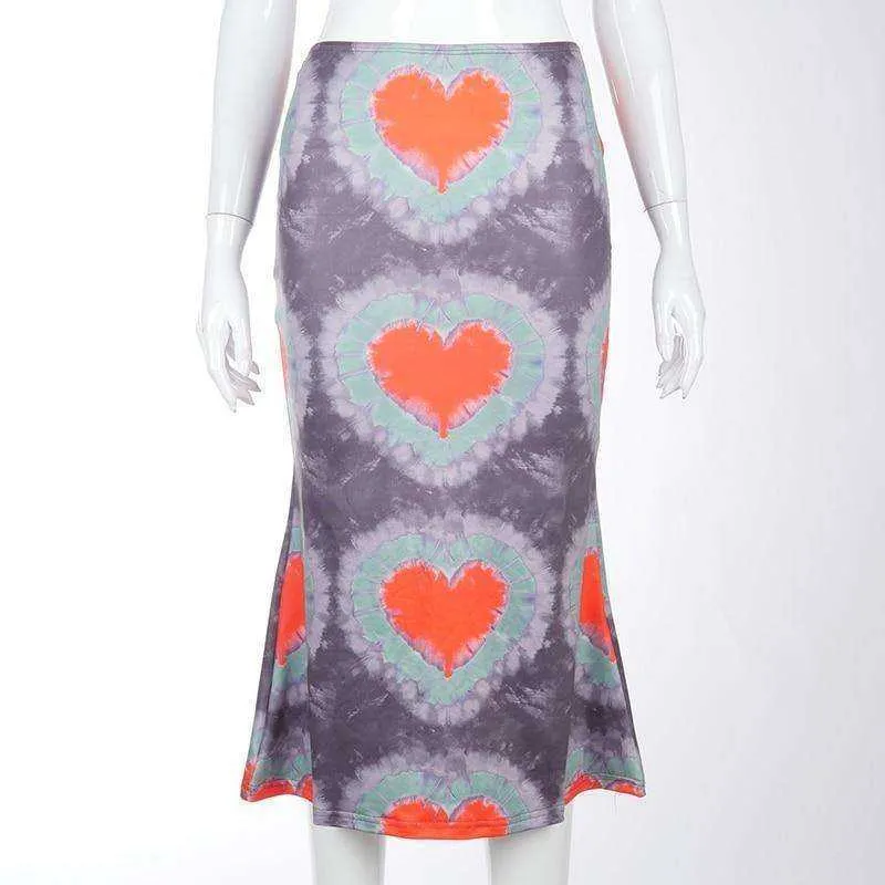 Women's Heart Print Loose Low Waist Package Hip Mid-Calf Skirts