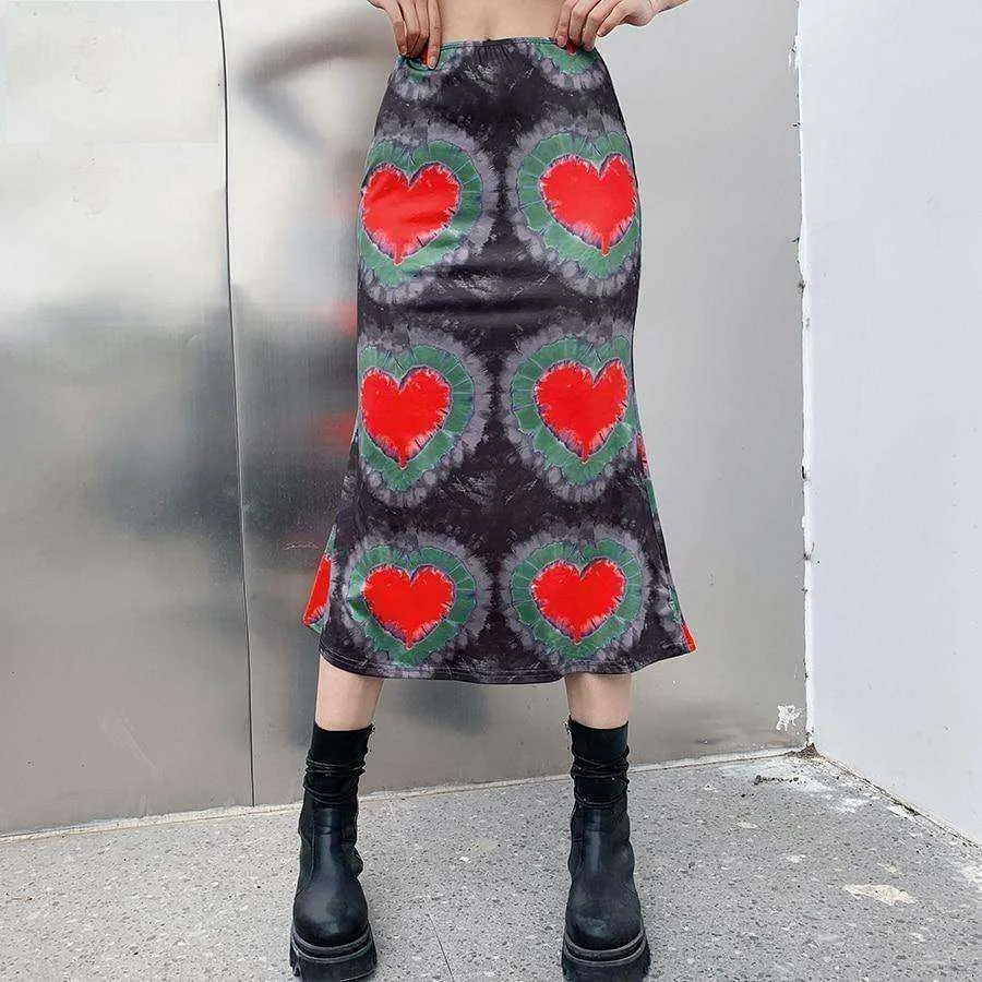 Women's Heart Print Loose Low Waist Package Hip Mid-Calf Skirts
