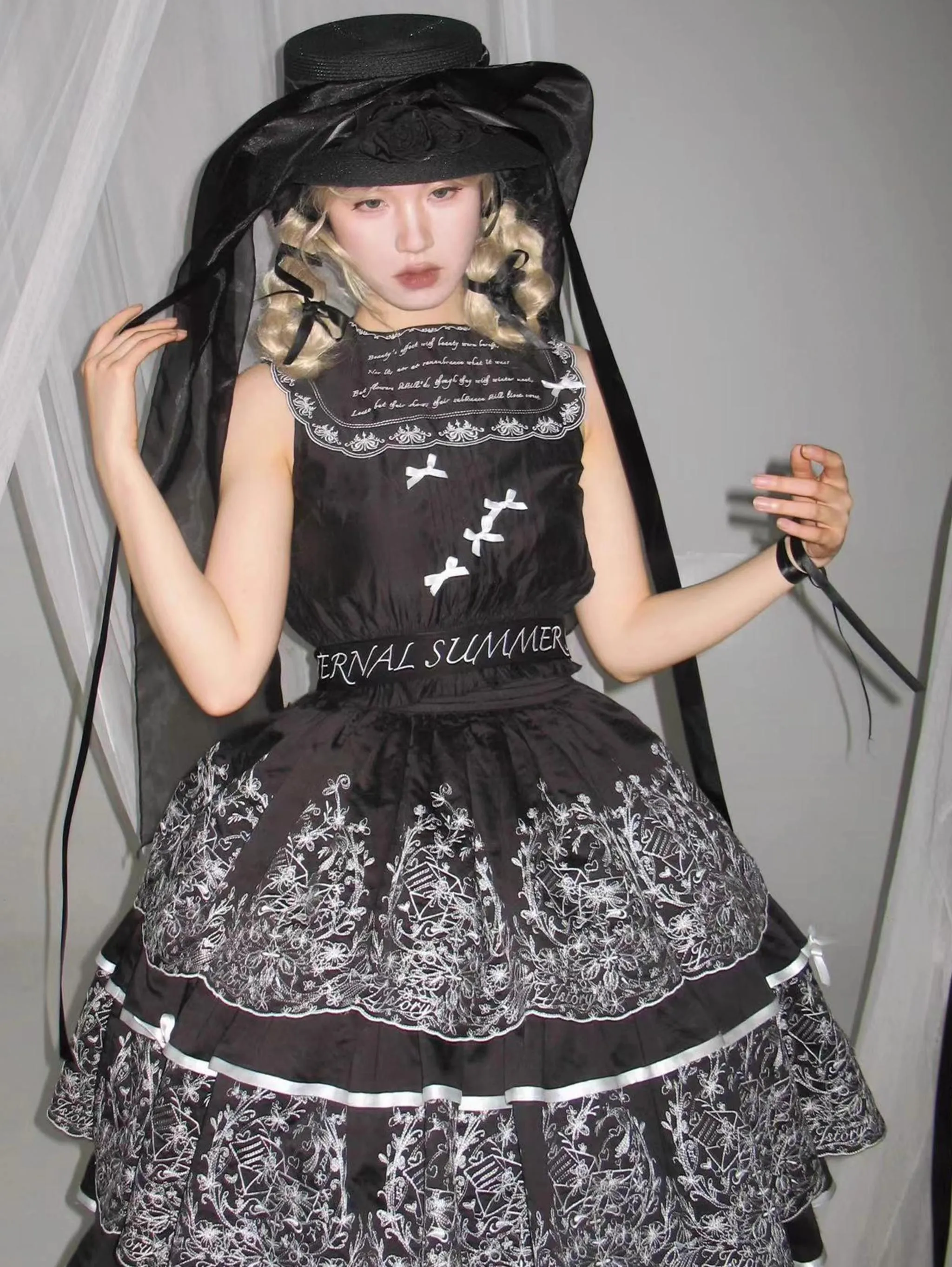 ZJstory~Sonnet Summer~Sweet Lolita Dress Set Embroidery Shirt Tiered Jumper Dress