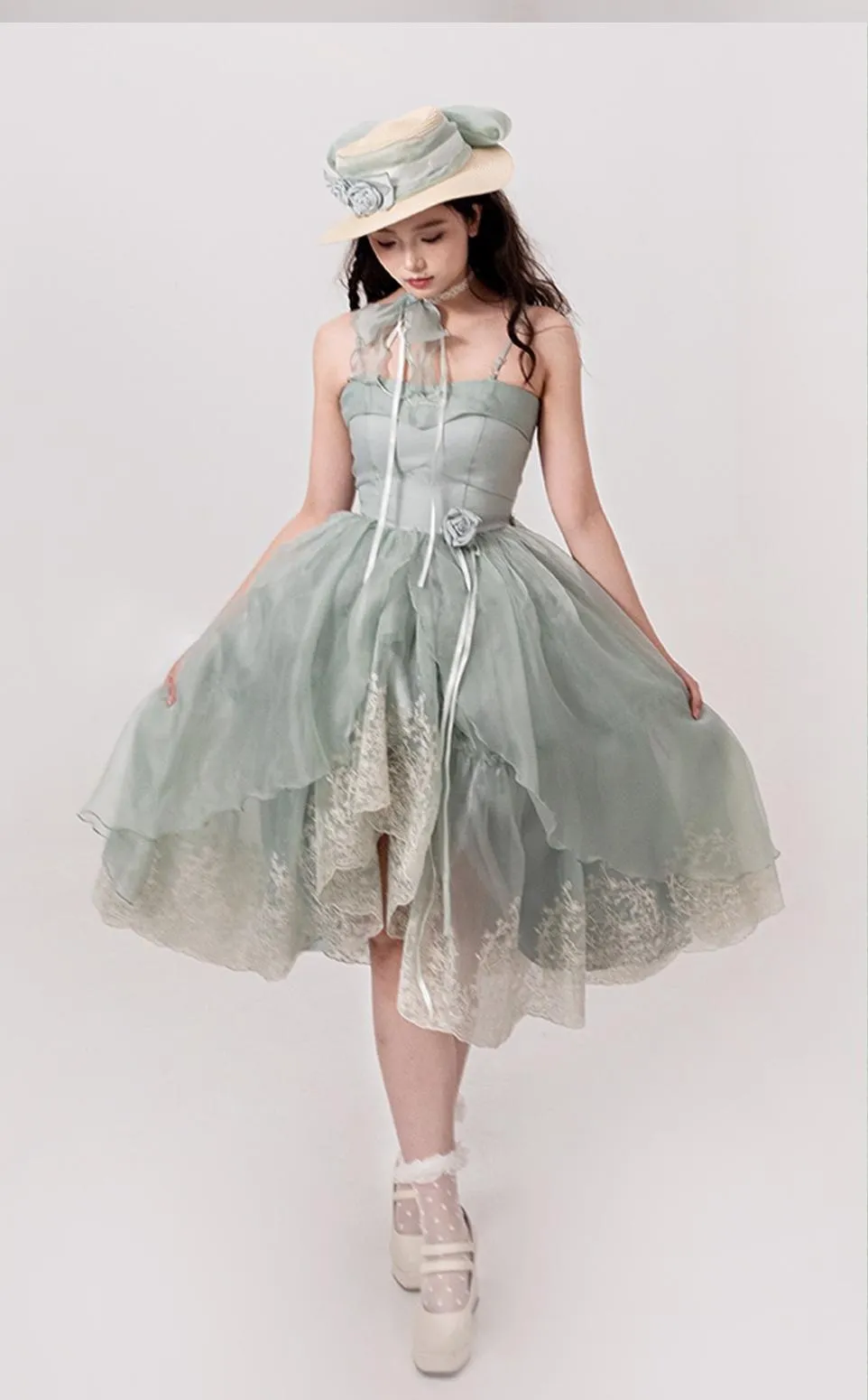 ZJstory~Sonnet Summer~Sweet Lolita Dress Set Embroidery Shirt Tiered Jumper Dress