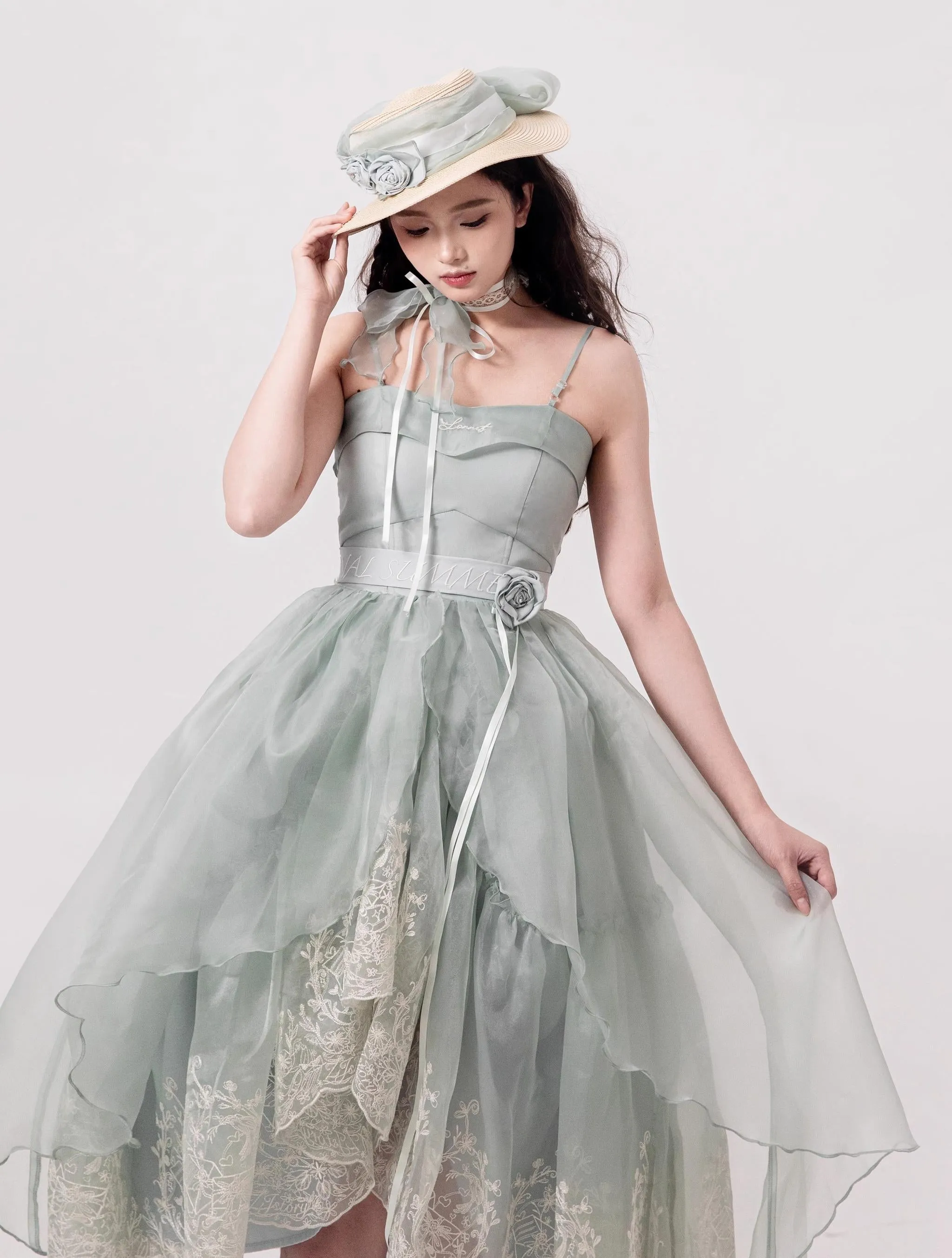ZJstory~Sonnet Summer~Sweet Lolita Dress Set Embroidery Shirt Tiered Jumper Dress